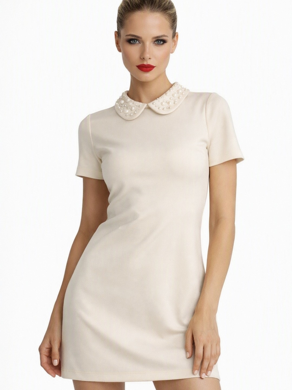 H&M Cream Mini Dress with Pearl Beaded Peter Pan Collar Size XS